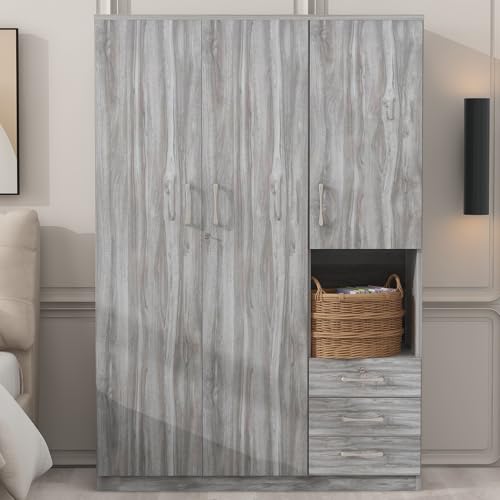 Grey 3 Door Wooden Wardrobe Closet Organizer with Drawers and Hanging Rail N653