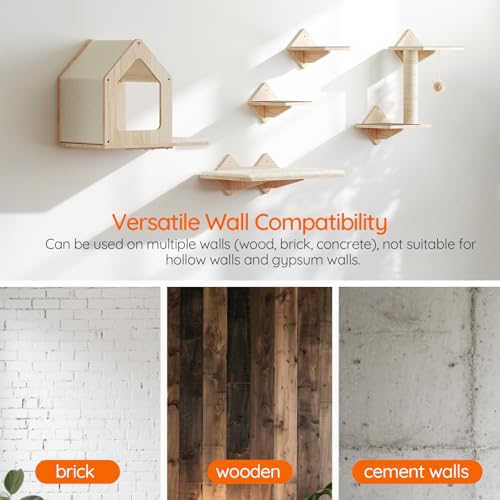 Natural Wood Cat Wall Shelves Set of 5 with House Steps Scratching Post Perch G7549