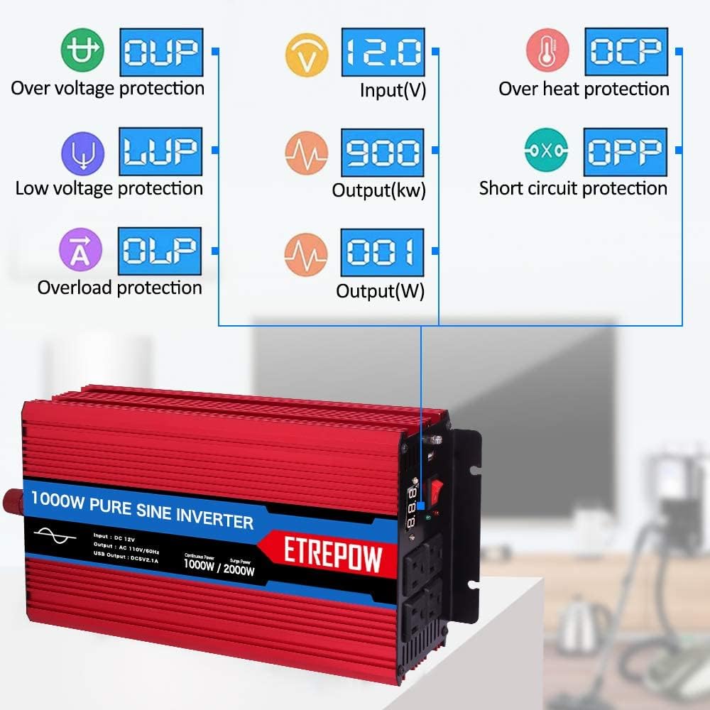 1000 Watt Pure Sine Wave Power Inverter 12V DC to 110V AC Z641