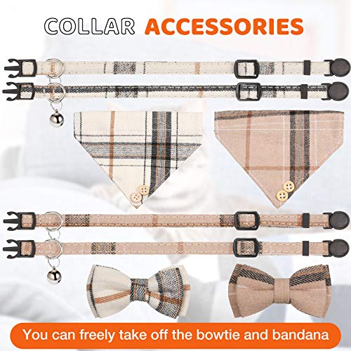 4 Pieces Breakaway Cat Collar Bandana with Plaid Scarf and Bowtie Bell C860