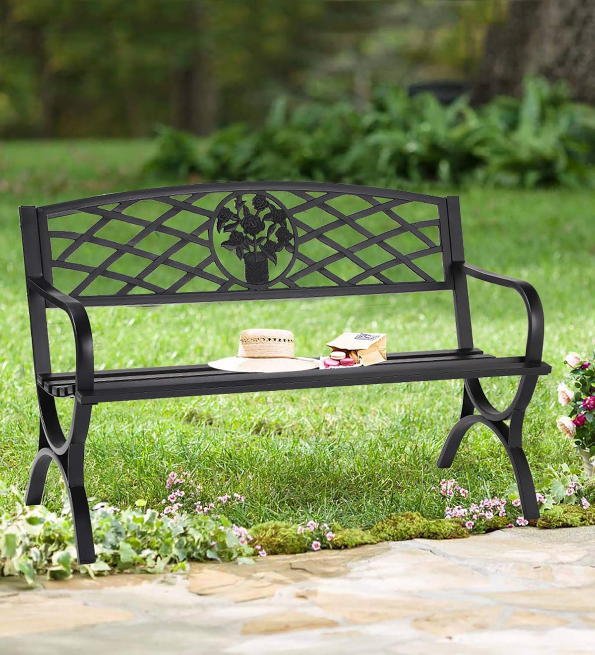 Cast Iron Metal Patio Bench with Armrests A5456