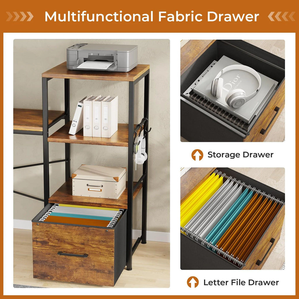 L Shaped Desk with Fabric File Drawer and Power Outlets T930