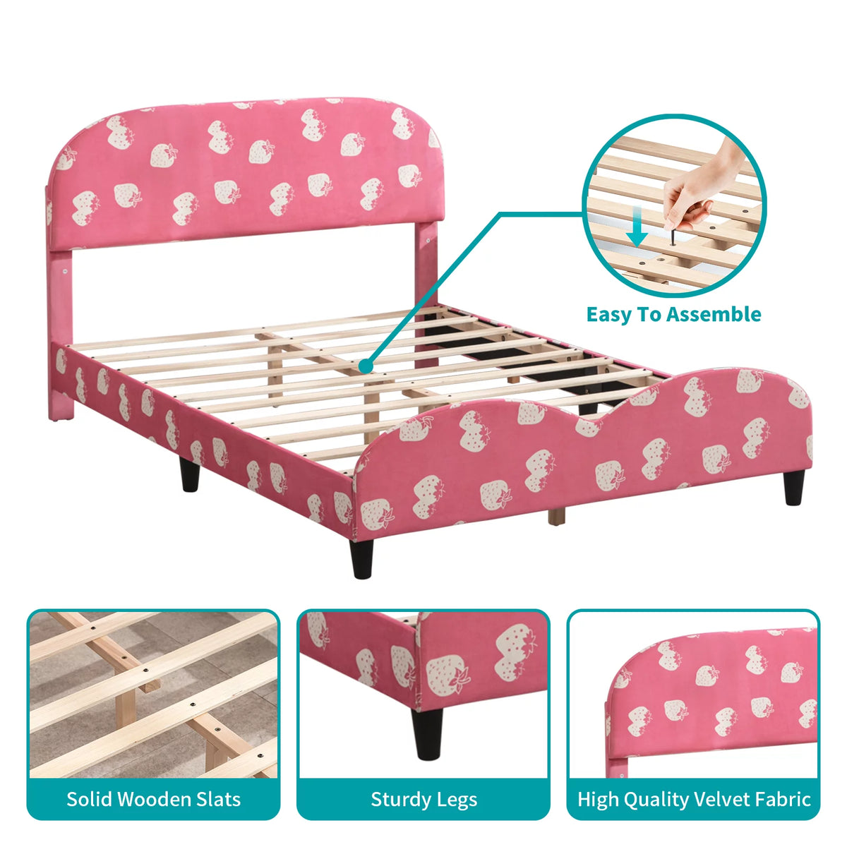 Pink Kids Twin Bed Frame with Upholstered Headboard and Footboard I74433
