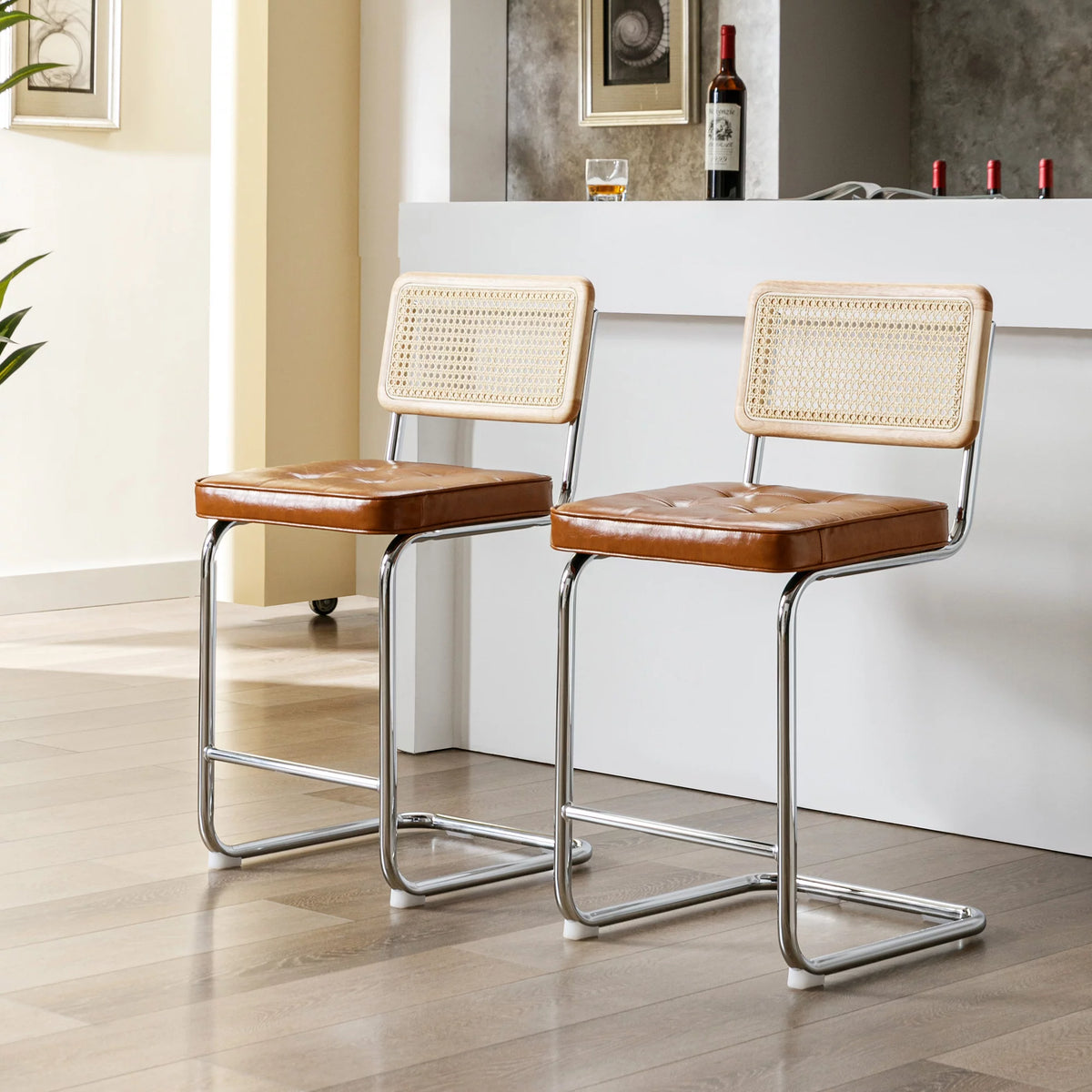 23.6 Inch Rattan Upholstered Bar Stools Set of 2 P497149