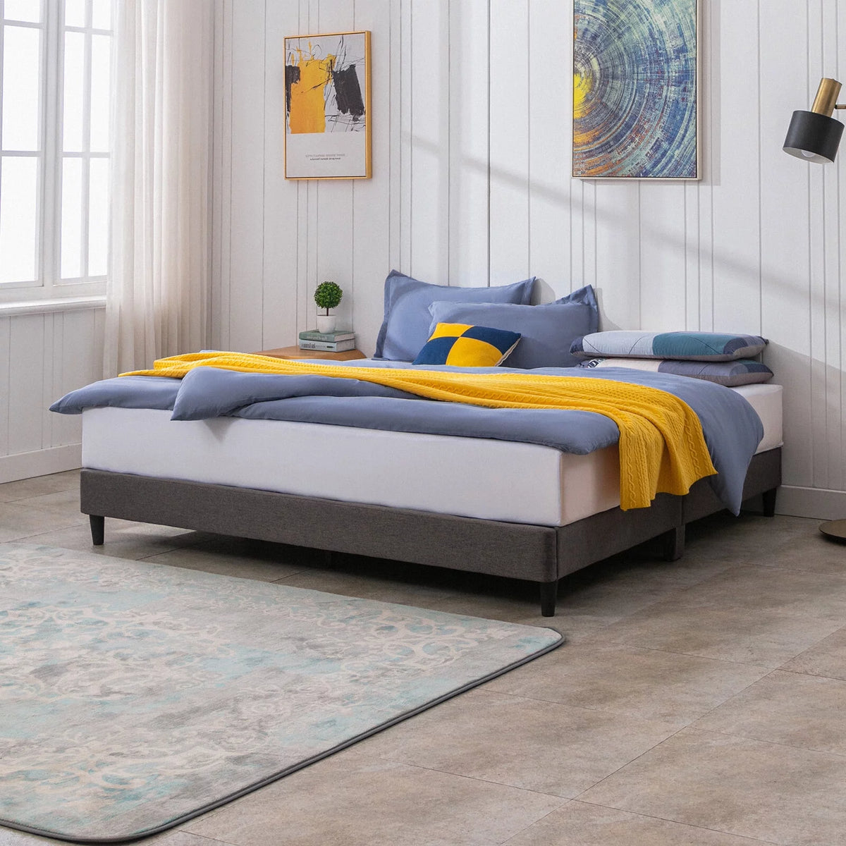 California King Size Linen Platform Bed Frame with Wood Slat Support H169