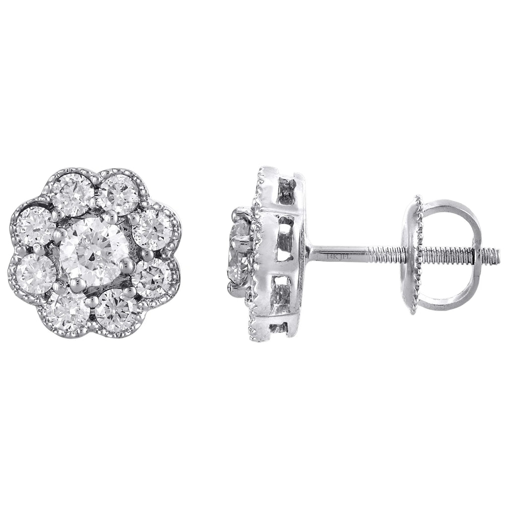 14K White Gold Solitaire Diamond Flower Stud Earrings 1 CT. K1572