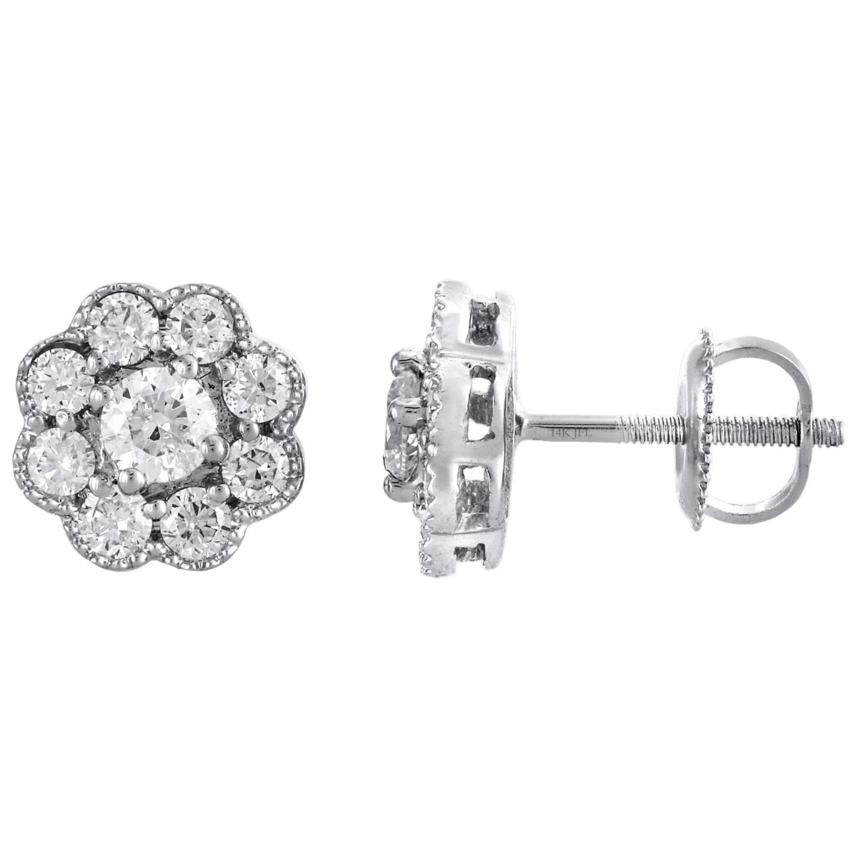 14K White Gold Solitaire Diamond Flower Stud Earrings 1 CT. K1572