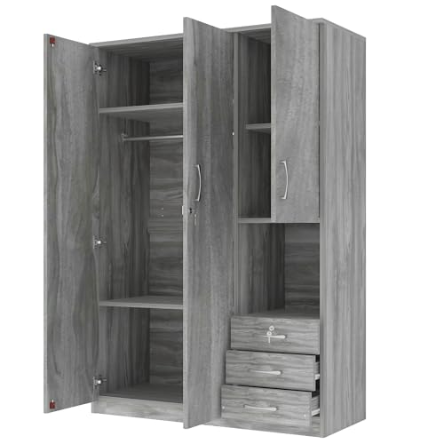 Grey 3 Door Wooden Wardrobe Closet Organizer with Drawers and Hanging Rail N653