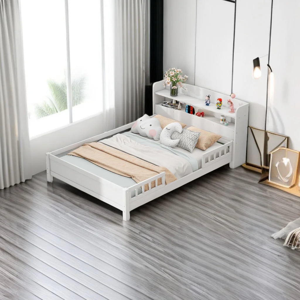 Twin Size Wood Platform Bed with Storage Headboard and Guardrail U36549