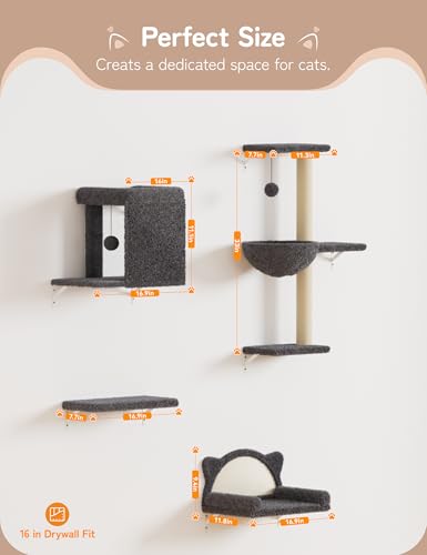 Cat Wall Shelves 4-in-1 Climbing Wall Furniture Set with Scratching Posts, Cat Bed & Sofa, Gray B600