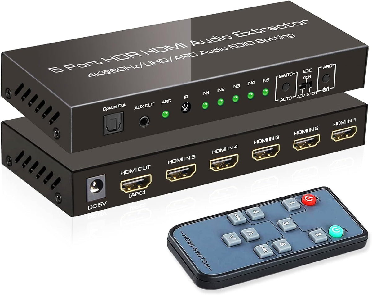 4K@60Hz HDMI Switch Audio Extractor with Optical + 3.5mm AUX Output, 5 in 1 Out HDMI Switcher Converter, Pack of 2 T968895