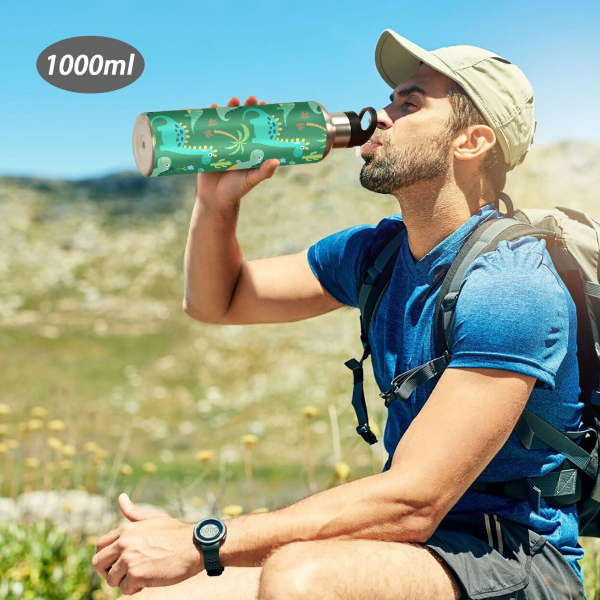 Dinosaur Green Stainless Steel Insulated Water Bottle with Straw Lid S936