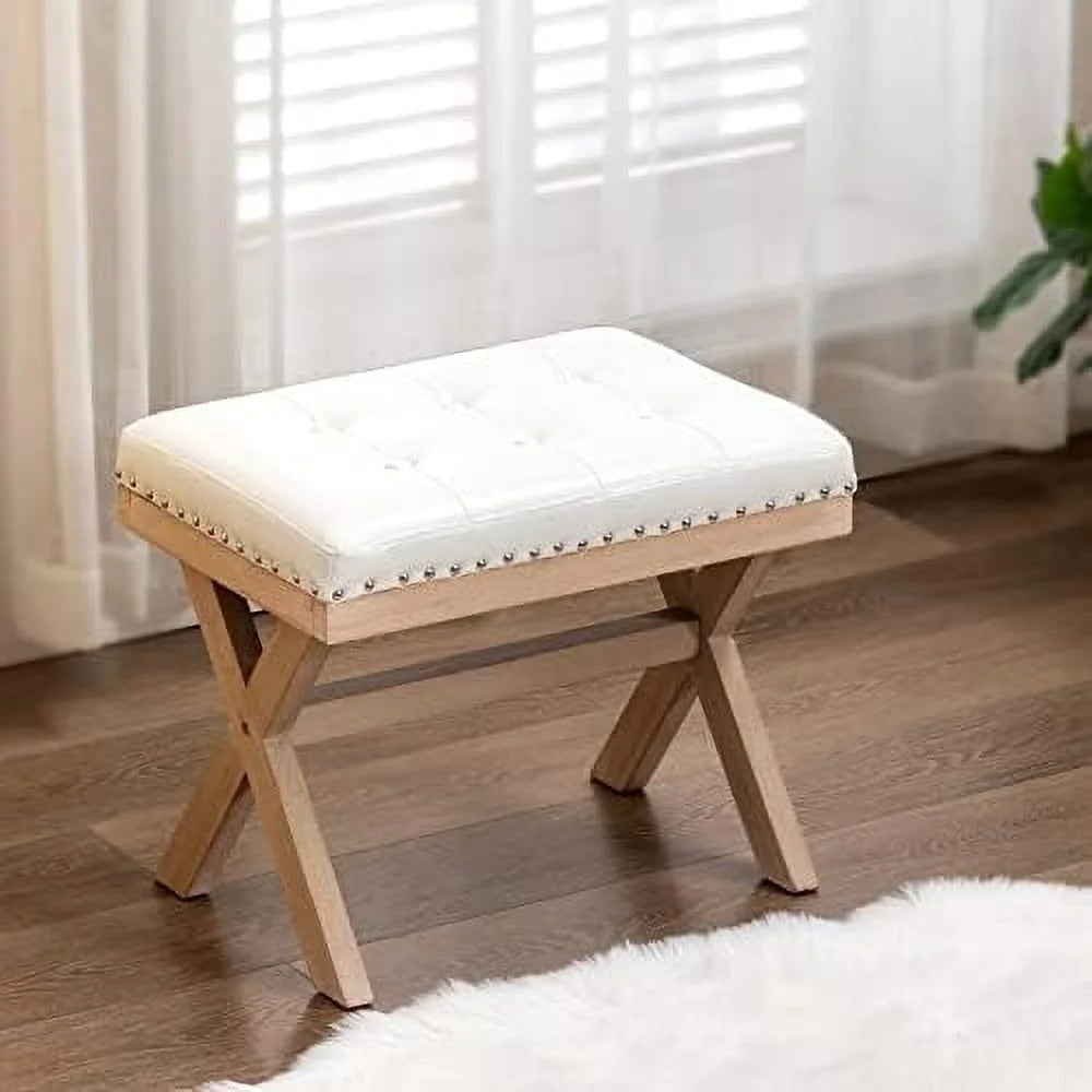 Burlap Linen Fabric Upholstered Bench Ottoman with X-Shaped Wooden Legs B314
