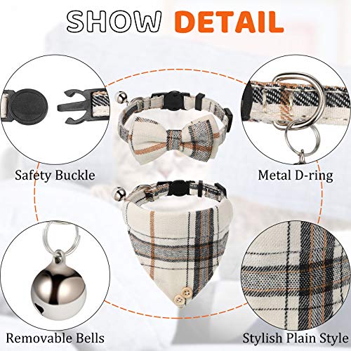 4 Pieces Breakaway Cat Collar Bandana with Plaid Scarf and Bowtie Bell C860