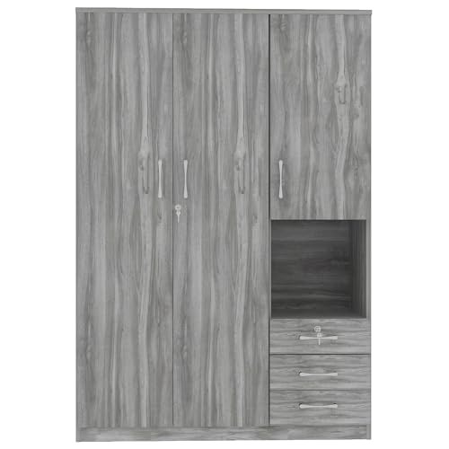 Grey 3 Door Wooden Wardrobe Closet Organizer with Drawers and Hanging Rail N653