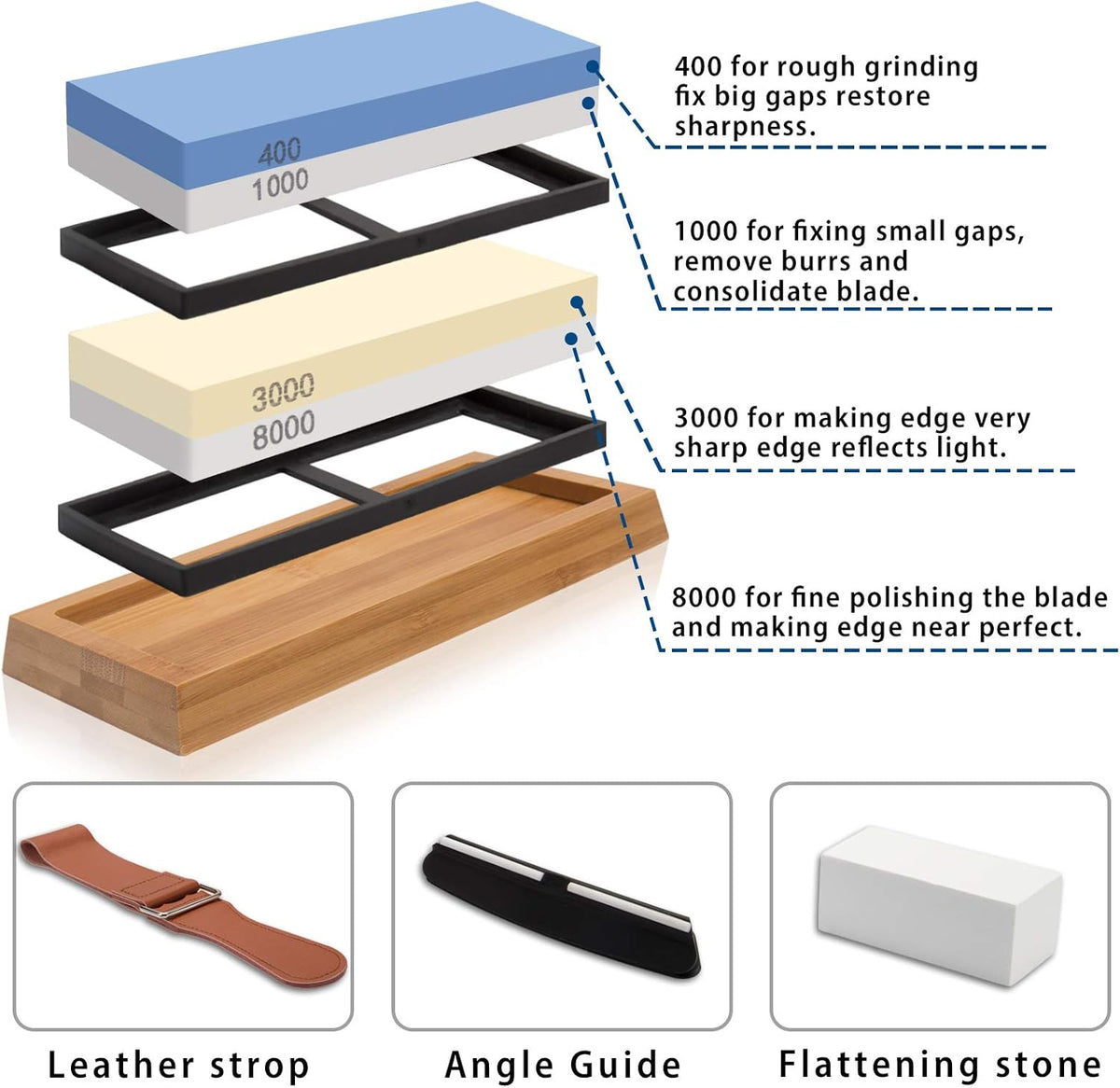 4 Side Grit 400/1000 3000/8000 Whetstone Set with Bamboo Base B329