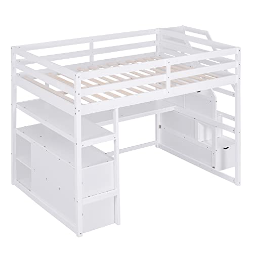 White Solid Wood Twin Loft Bed with Stairs and Desk H25697