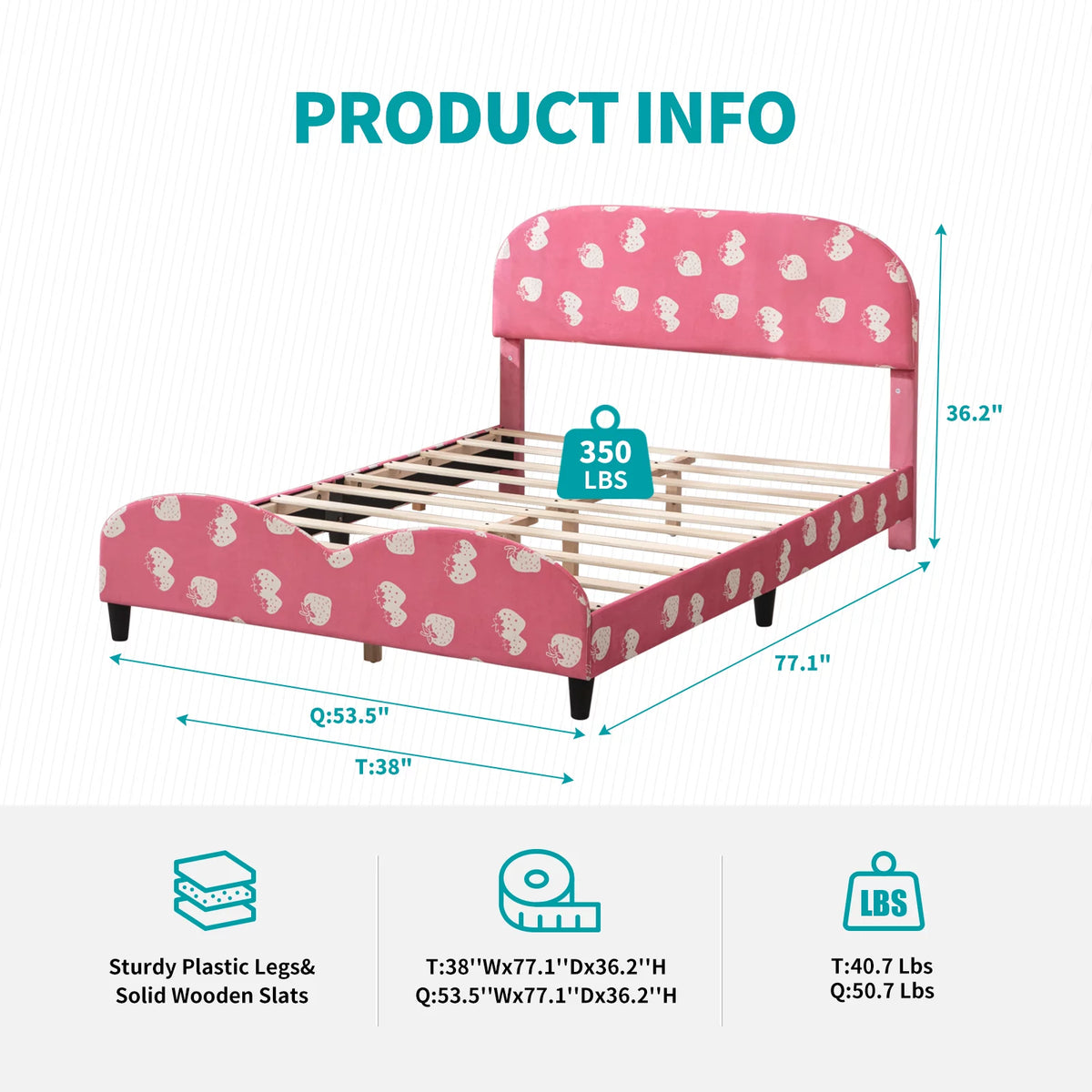 Pink Kids Twin Bed Frame with Upholstered Headboard and Footboard I74433