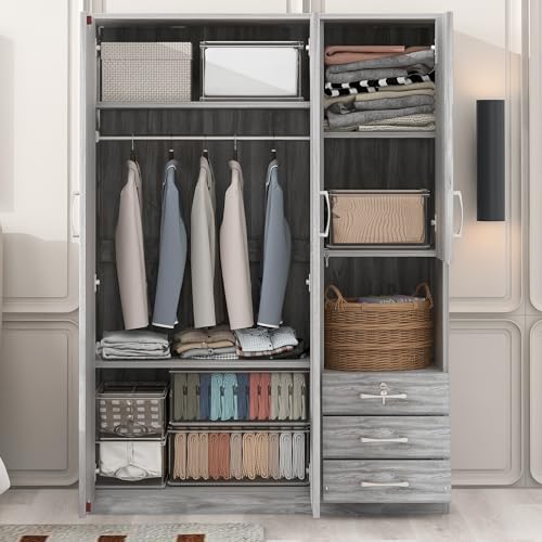 Grey 3 Door Wooden Wardrobe Closet Organizer with Drawers and Hanging Rail N653