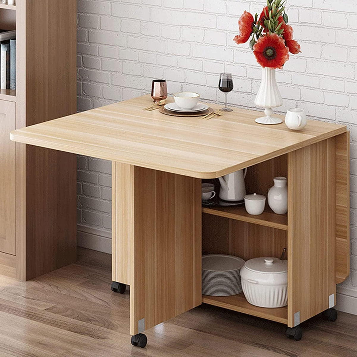 Expandable Rectangle Wood Drop Leaf Dining Table with 6 Wheels H1249