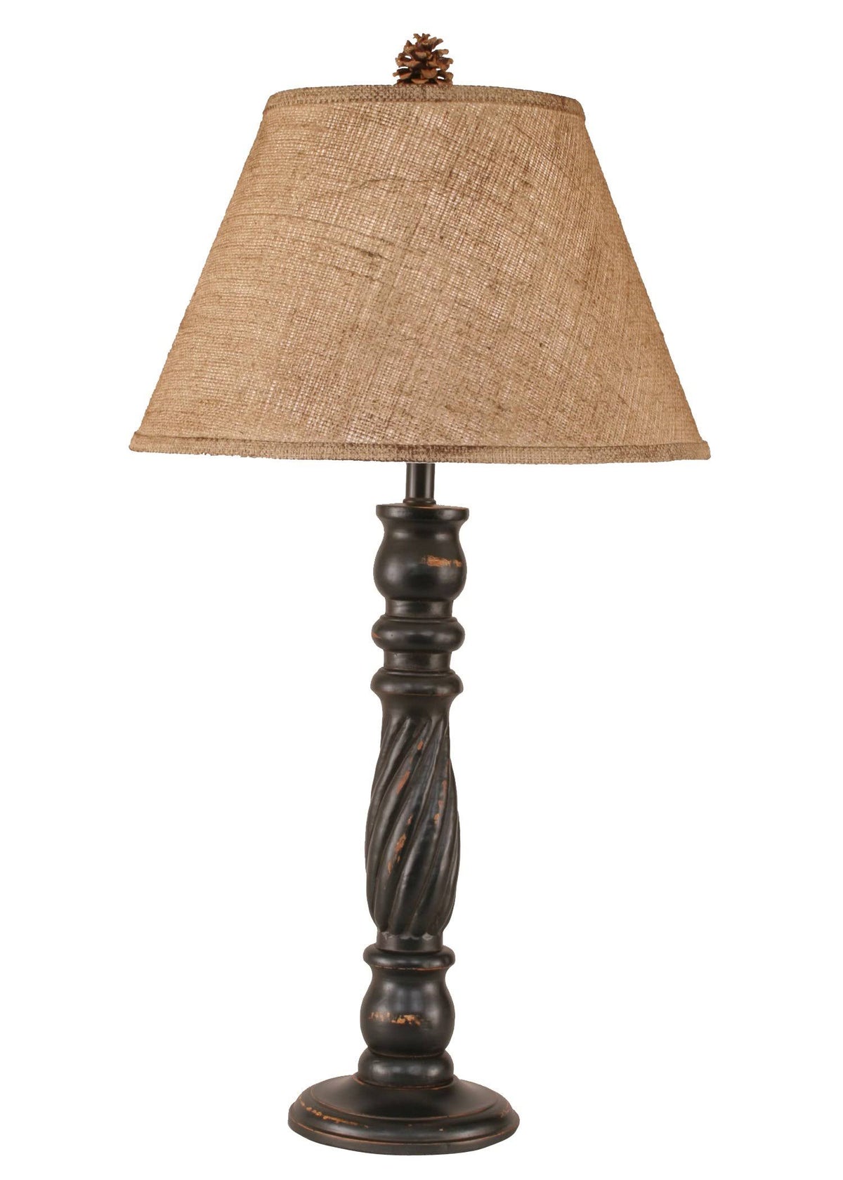 Distressed Black Swirl Table Lamp with Pine Cone Accent 32 in N671