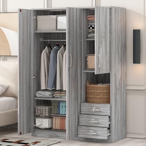 Grey 3 Door Wooden Wardrobe Closet Organizer with Drawers and Hanging Rail N653