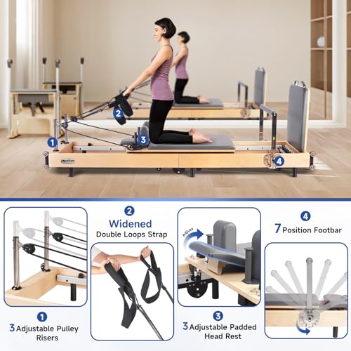 Foldable Wood Pilates Reformer with Sitting Box, Jump Board and Anti-Slip Mat J866