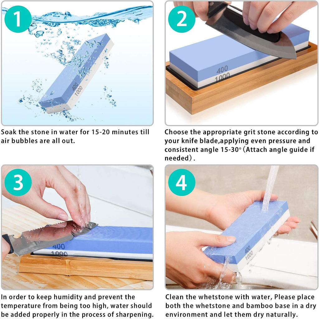 4 Side Grit 400/1000 3000/8000 Whetstone Set with Bamboo Base B329