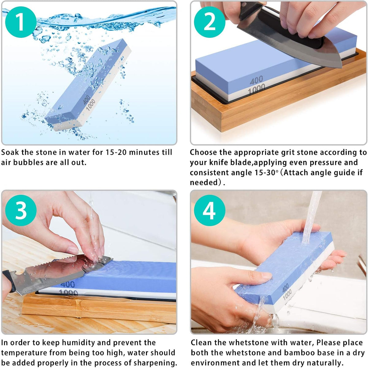4 Side Grit 400/1000 3000/8000 Whetstone Set with Bamboo Base B329