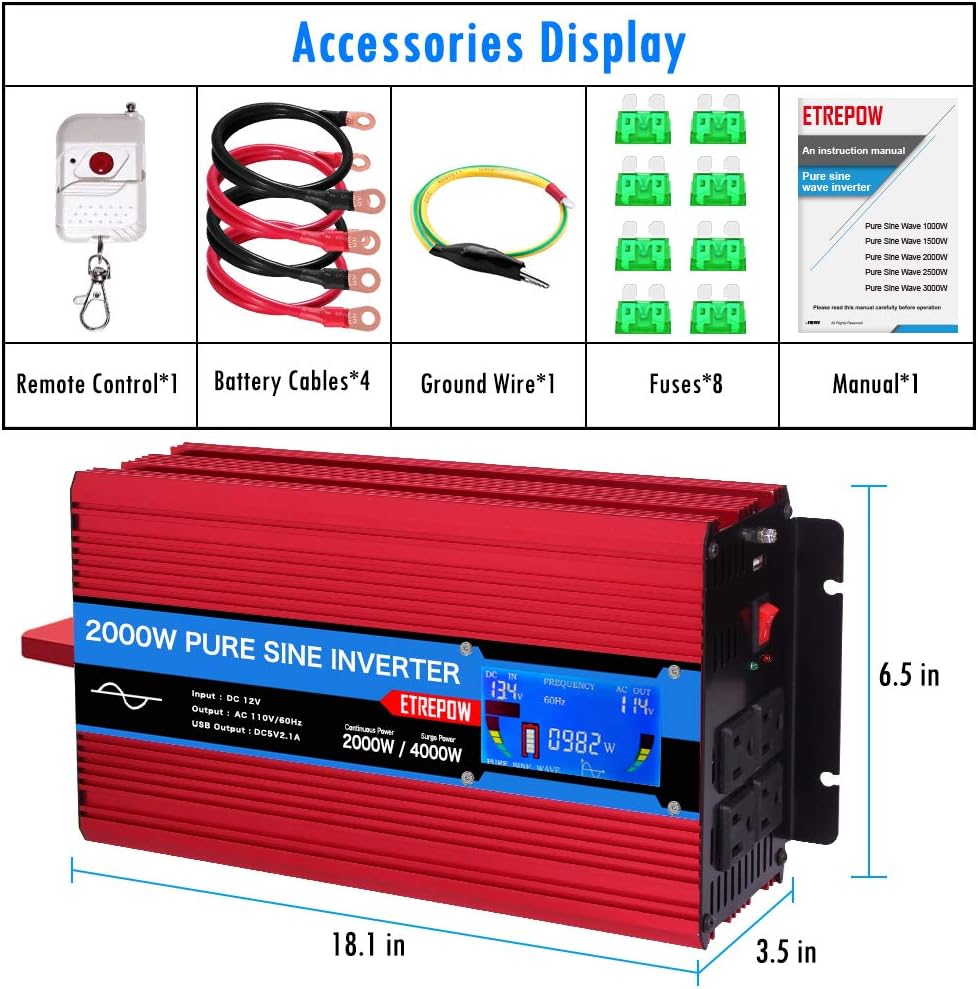 1000 Watt Pure Sine Wave Power Inverter 12V DC to 110V AC Z641