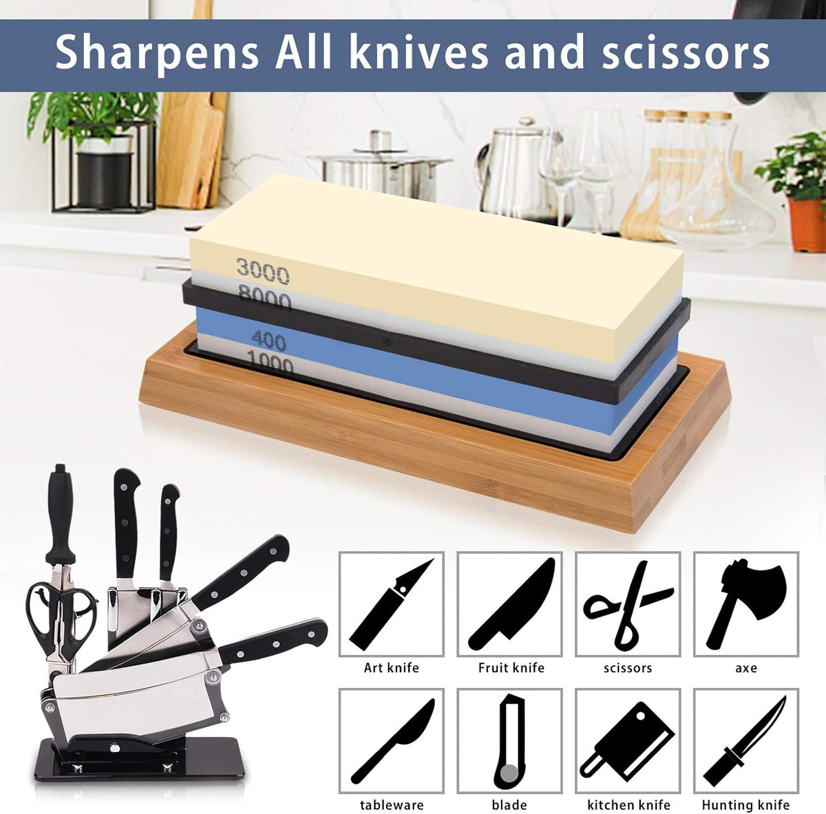 4 Side Grit 400/1000 3000/8000 Whetstone Set with Bamboo Base B329
