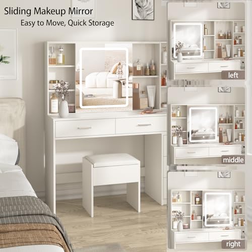 White Vanity Desk with Mirror and Lights 5 Drawers with Chair J548