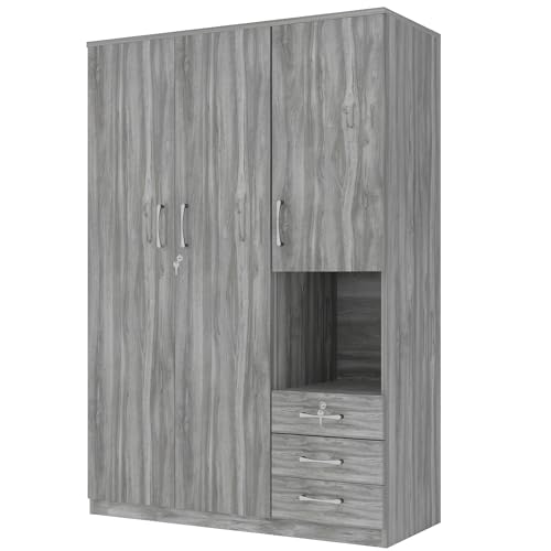 Grey 3 Door Wooden Wardrobe Closet Organizer with Drawers and Hanging Rail N653