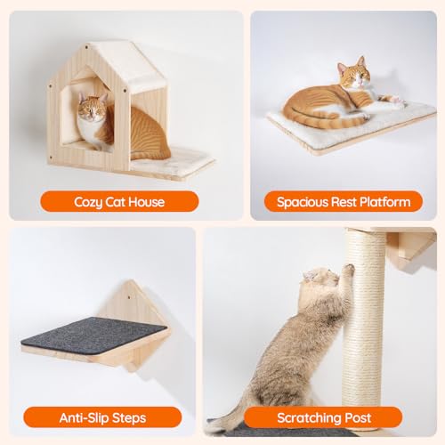Natural Wood Cat Wall Shelves Set of 5 with House Steps Scratching Post Perch G7549