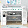 White Solid Wood Twin Loft Bed with Stairs and Desk H25697