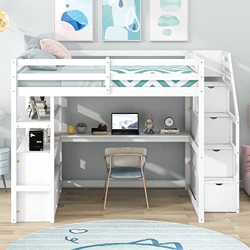 White Solid Wood Twin Loft Bed with Stairs and Desk H25697