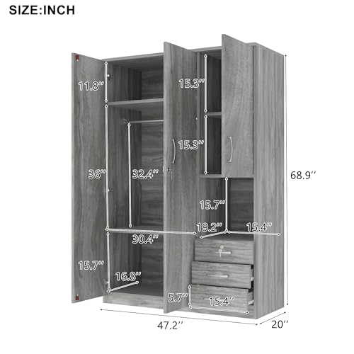 Grey 3 Door Wooden Wardrobe Closet Organizer with Drawers and Hanging Rail N653