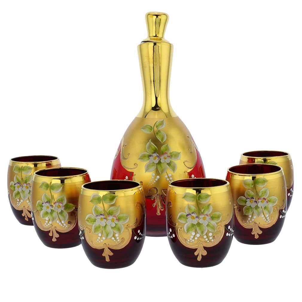 Murano Glass Decanter Set with 6 Wine Glasses 24K Gold Red U497666