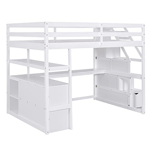 White Solid Wood Twin Loft Bed with Stairs and Desk H25697