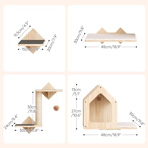 Natural Wood Cat Wall Shelves Set of 5 with House Steps Scratching Post Perch G7549