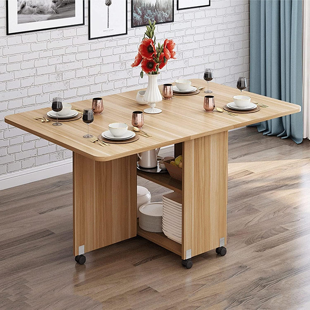 Expandable Rectangle Wood Drop Leaf Dining Table with 6 Wheels H1249