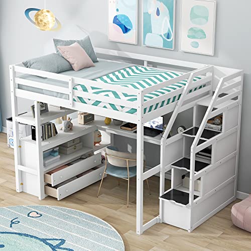 White Solid Wood Twin Loft Bed with Stairs and Desk H25697