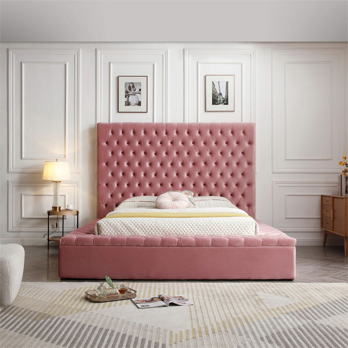 Pink Velvet Upholstered Platform Queen Bed F544742