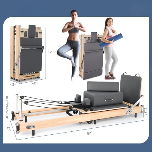 Foldable Wood Pilates Reformer with Sitting Box, Jump Board and Anti-Slip Mat J866