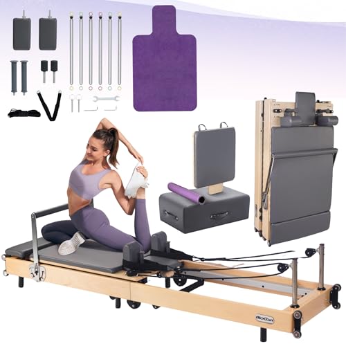Foldable Wood Pilates Reformer with Sitting Box, Jump Board and Anti-Slip Mat J866
