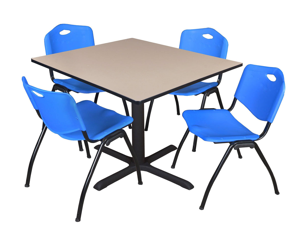 Beige Square Breakroom Table with 4 Blue Stack Chairs Q45059