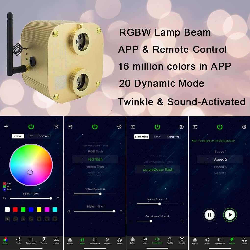 Bluetooth Fiber Optic Ceiling Lighting Kits 1100pcs 13.1ft Dual Port RGBW Sound Remote Control U456547