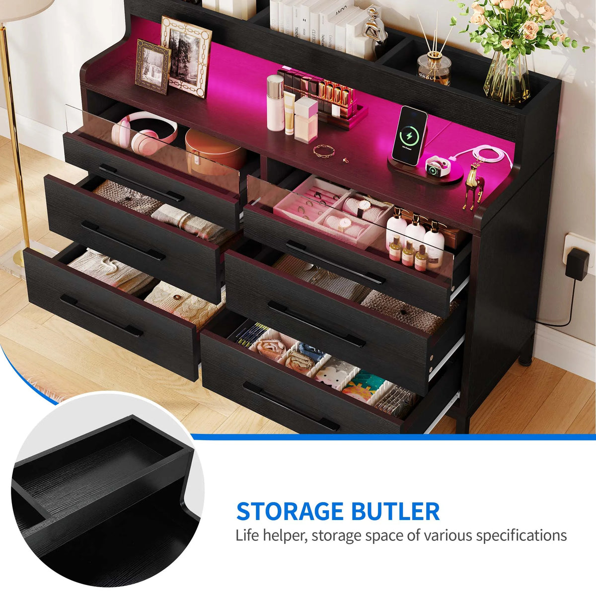 Black 6 Drawer Dresser with LED Light and Open Storage W955974