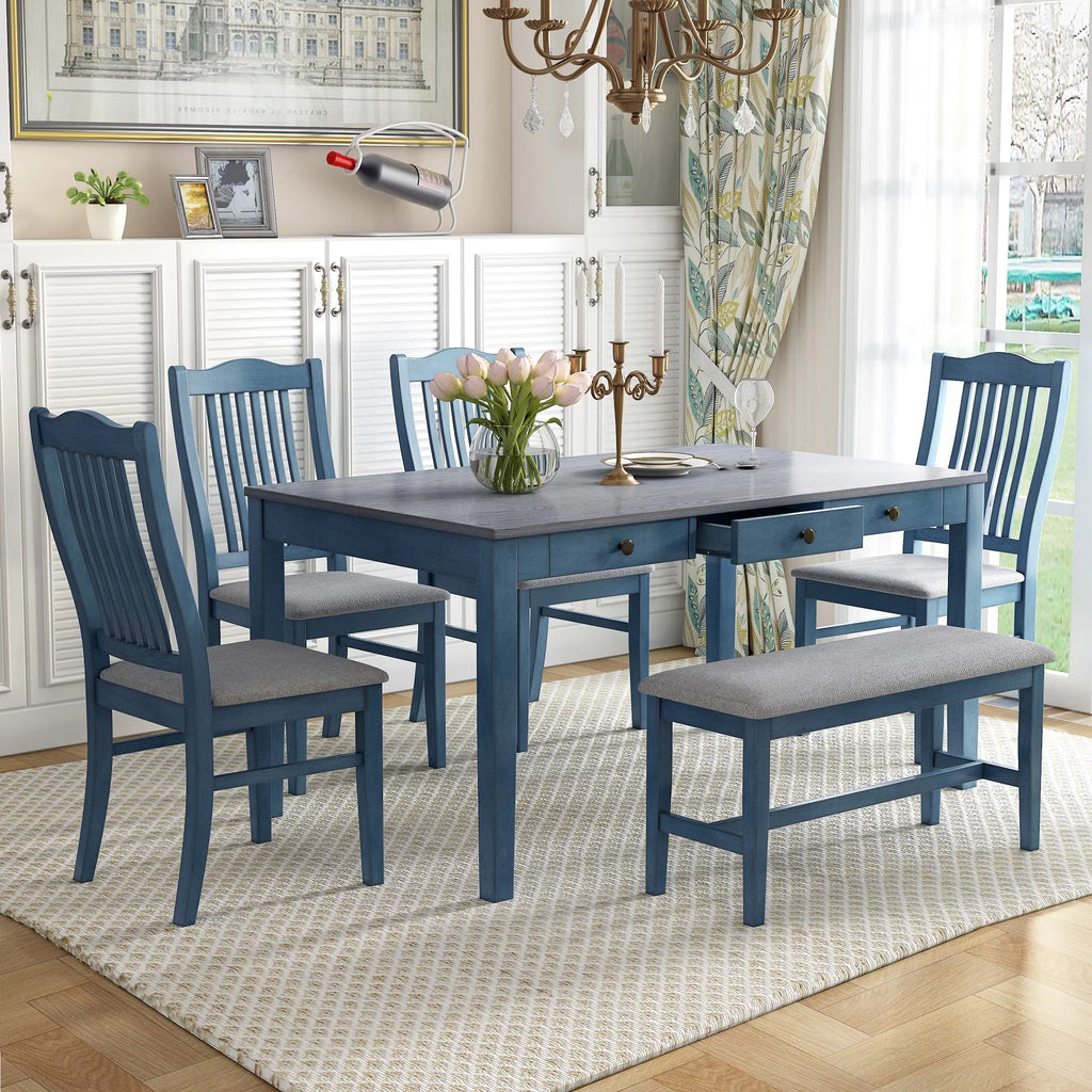 6 Piece Wood Dining Table Set with 4 Upholstered Chairs and Bench H997