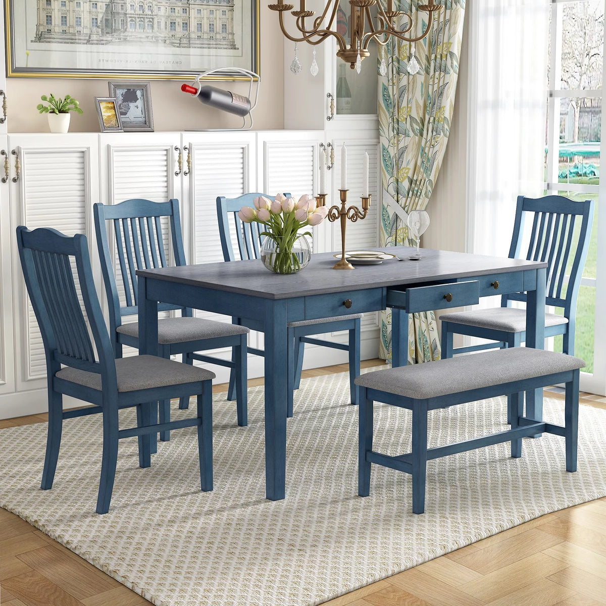 6 Piece Wood Dining Table Set with 4 Upholstered Chairs and Bench H997